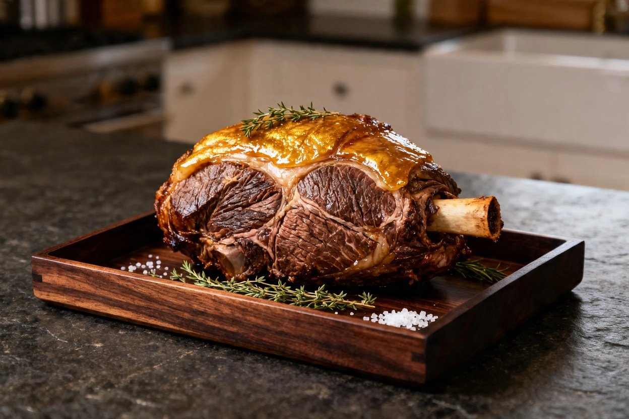 around 30–40 degrees, the same succulent roast chuck shoulder is shown in its final cooking vessel