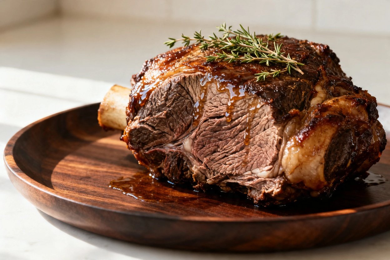 in an angled close-up hero shot, roughly 30–45 degrees, emphasizing the texture and marbling of the roast