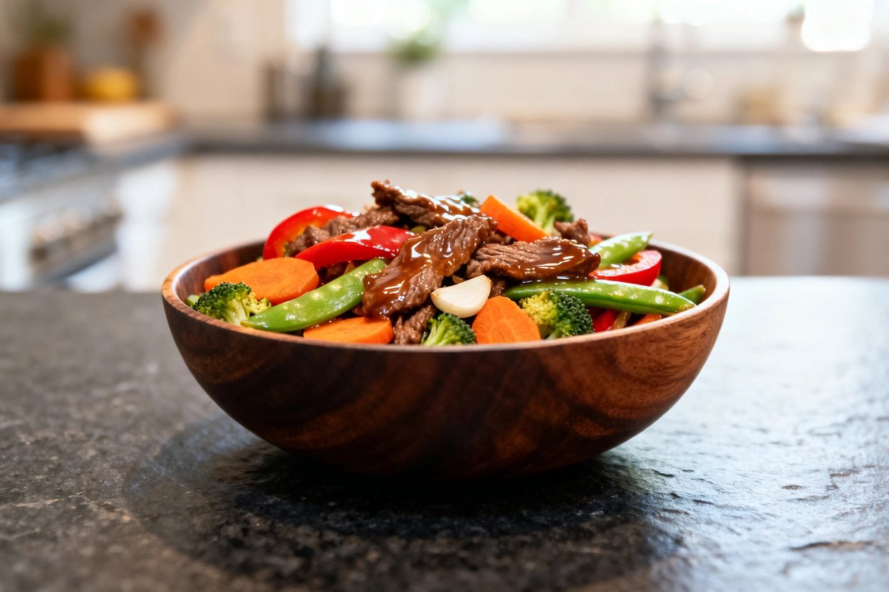 a 30–40 degree angle. The dish is presented in a dark wood bowl, emphasizing the same portion and pr