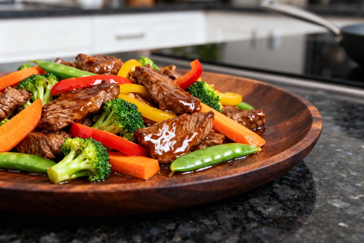 highlighting the texture and shine of the dish. Shot at a 30–45 degree angle, focusing on the vibran