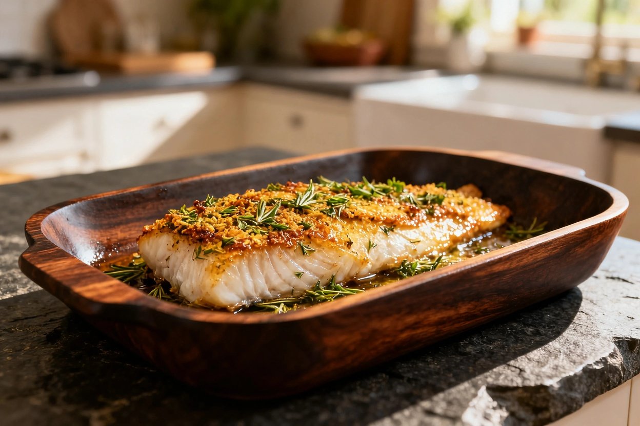 baked cod fillet with its fragrant herb crust. The fillet is showcased in the final baking dish, a d