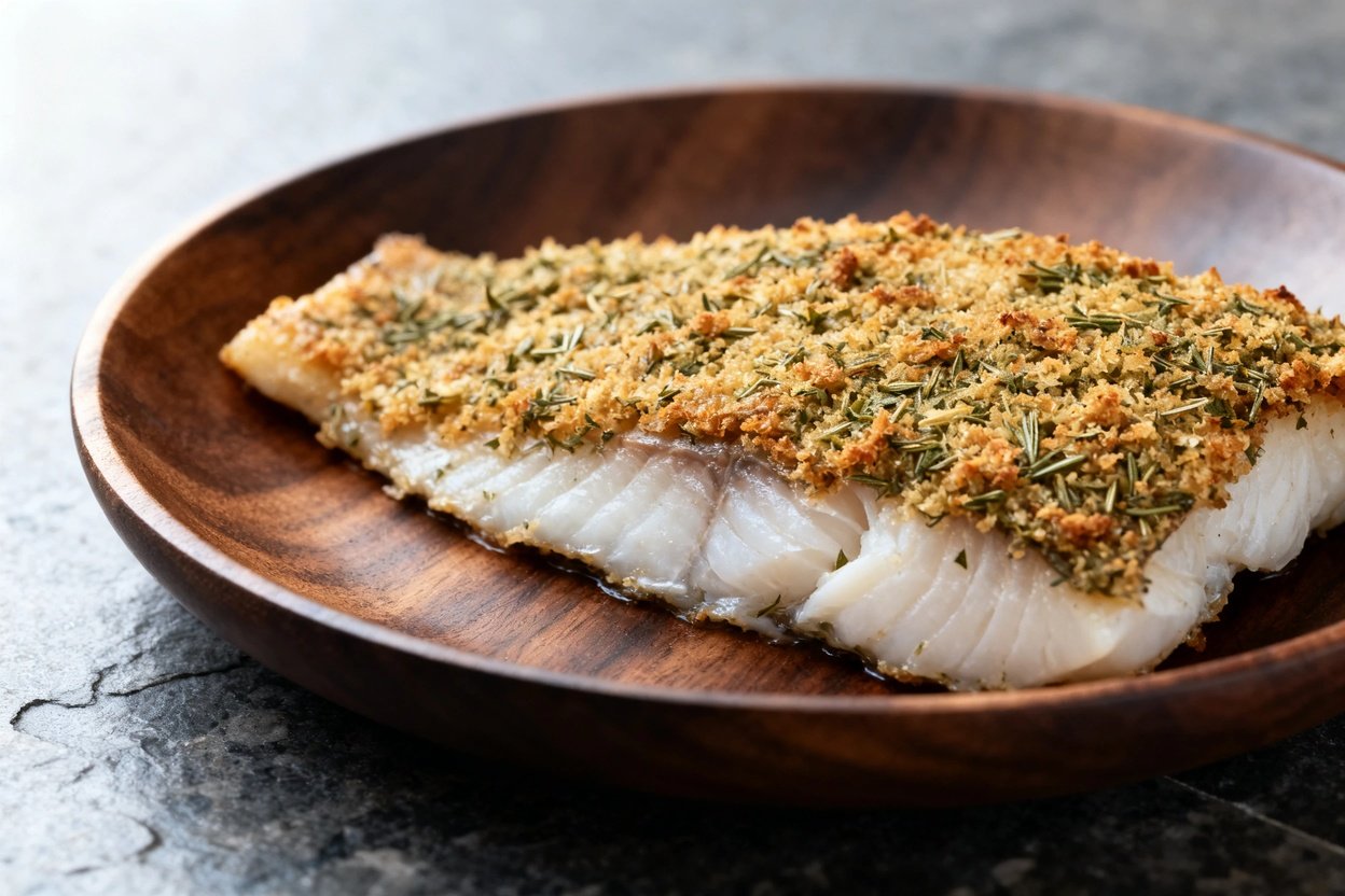 fillet, emphasizing the texture of the herb crust and the fish's delicacy. Shot from an angle of app