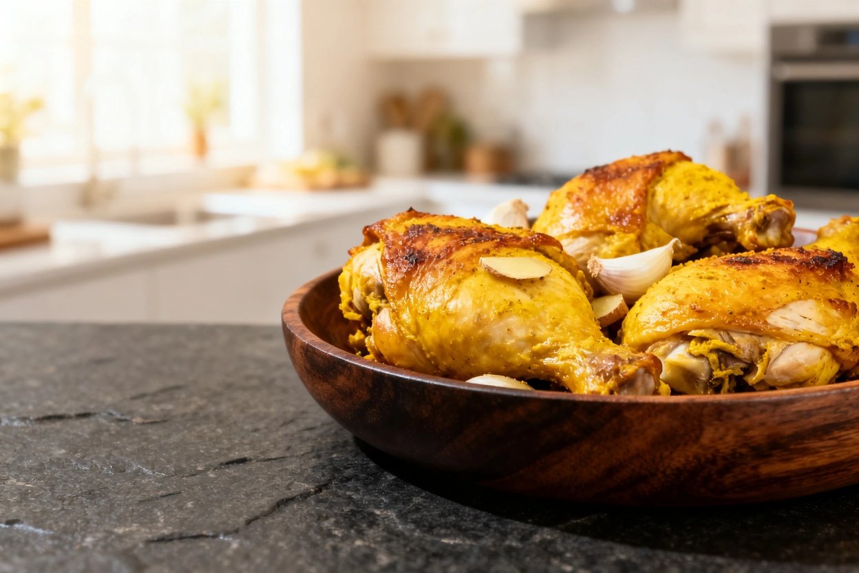 es) of the same baked chicken thighs. These are placed in a dark wood serving bowl, perfectly aligned next to fresh herbs that emphasize their earthy flavors.