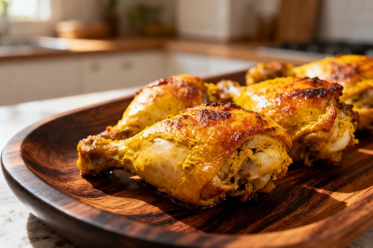 hasizing the texture and color of the baked chicken thighs served again on matching dark wood serving platters.