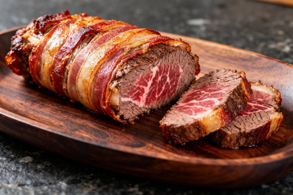 of the Bacon-Wrapped Beef Tenderloin, approximately 30-45 degrees, showcasing the detailed textures