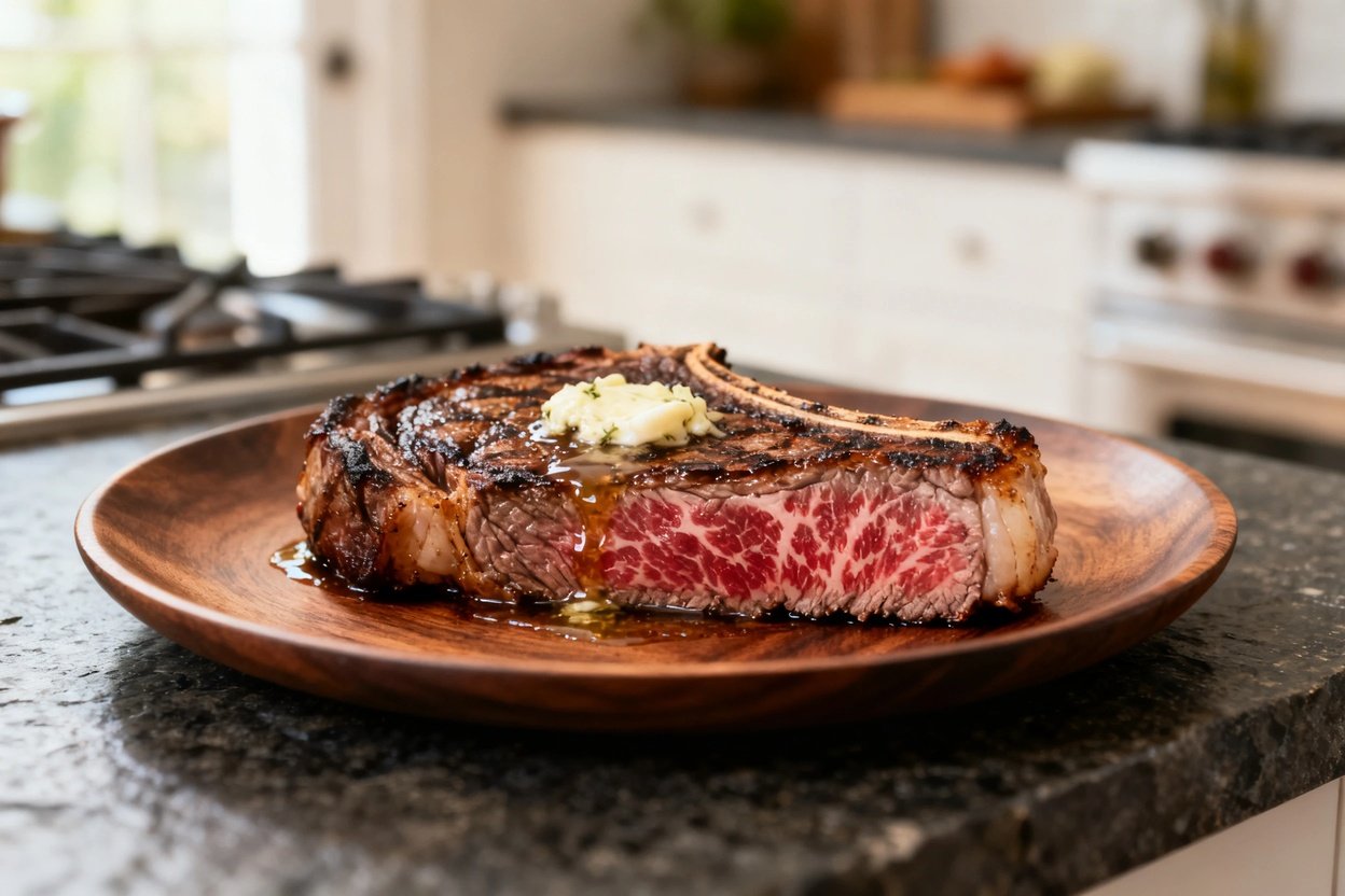 e at approximately 30–40 degrees captures the same portion of grilled ribeye steak as in Image 1. Th