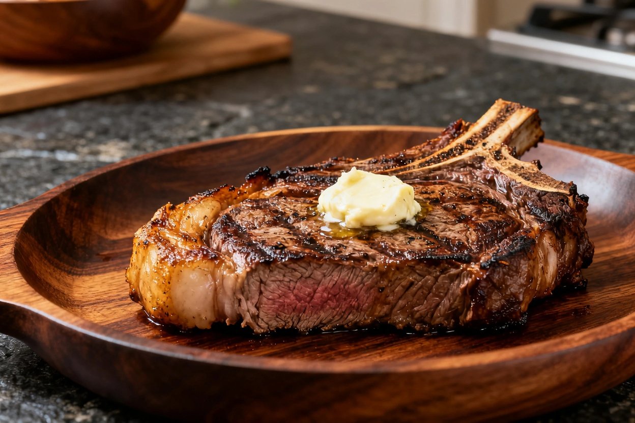 0–45 degrees focuses on the beautiful texture of the grilled ribeye steak. The steak, with its seare