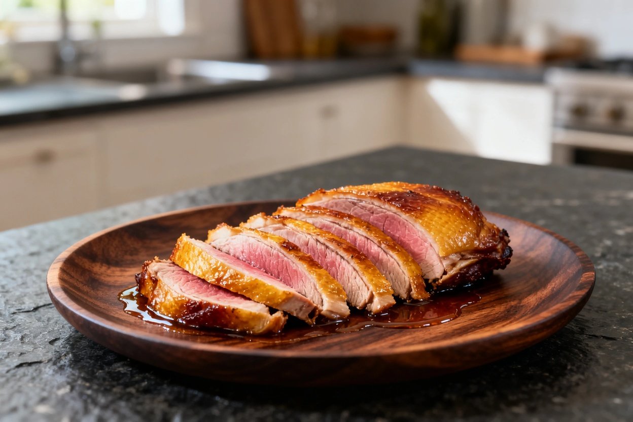A side view at approximately 30–40 degrees shows the roasted duck breast, sliced thinly, in the dark wood serving