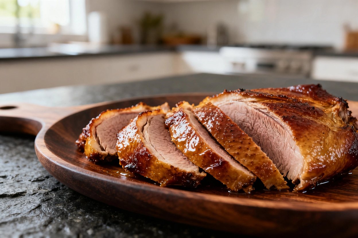 Roughly 30–45 degrees focuses on the texture and detail of the thinly sliced roasted duck breast. The dish