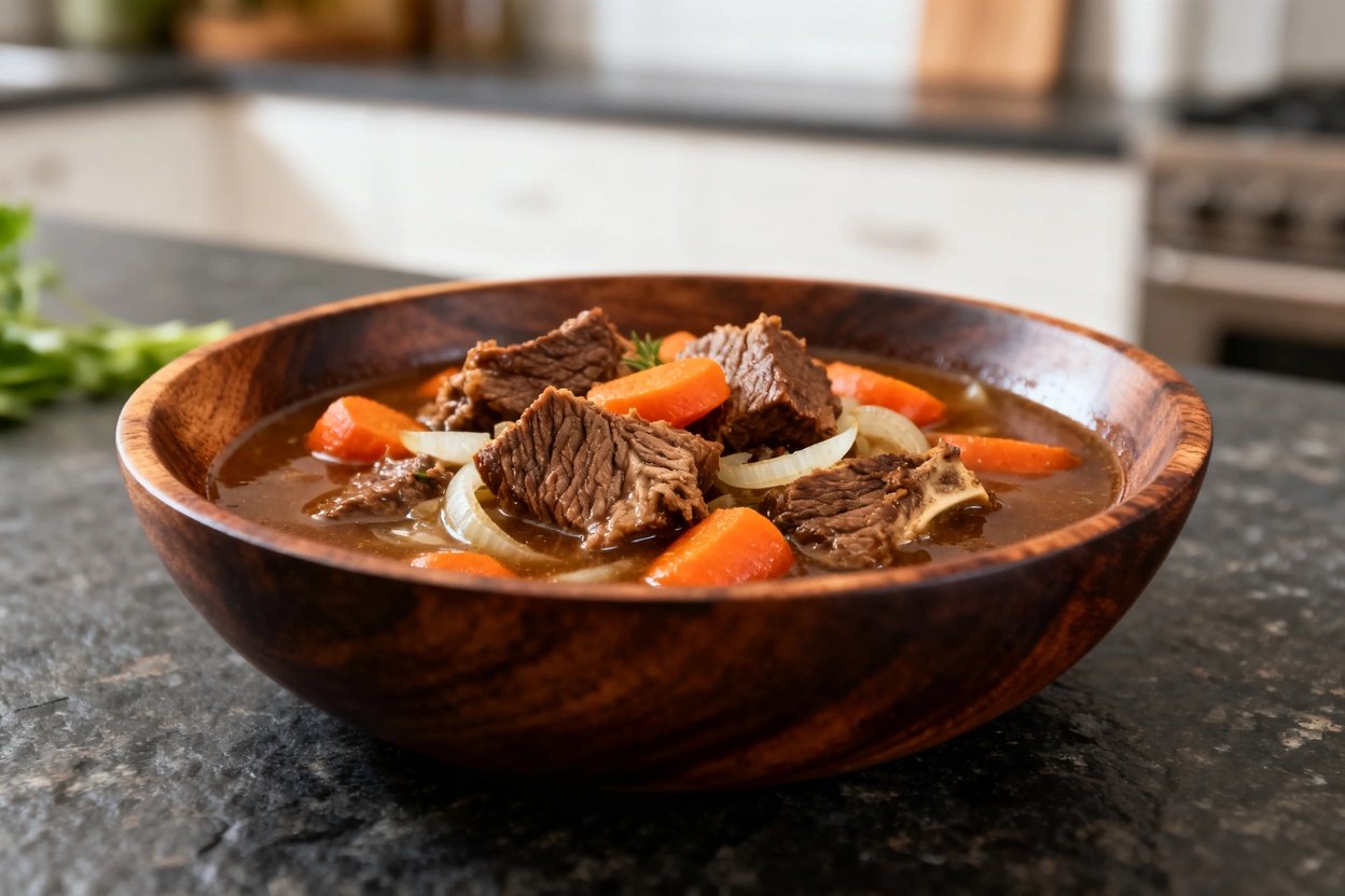 iew of the same portion of slow-cooked beef stew in a rustic dark wood bowl. The stew's ingredients—