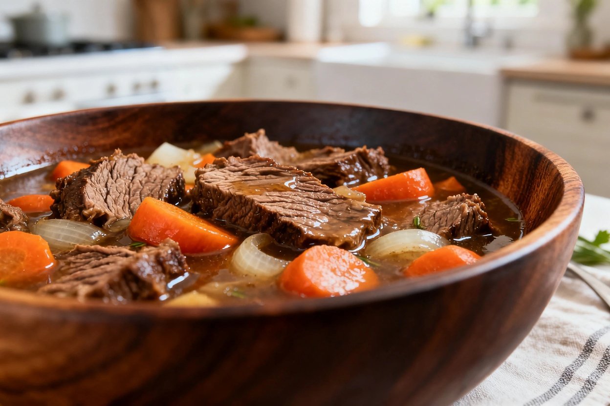  hero shot (30–45 degrees) of the slow-cooked beef stew, plated again in a dark wood bowl. The focus