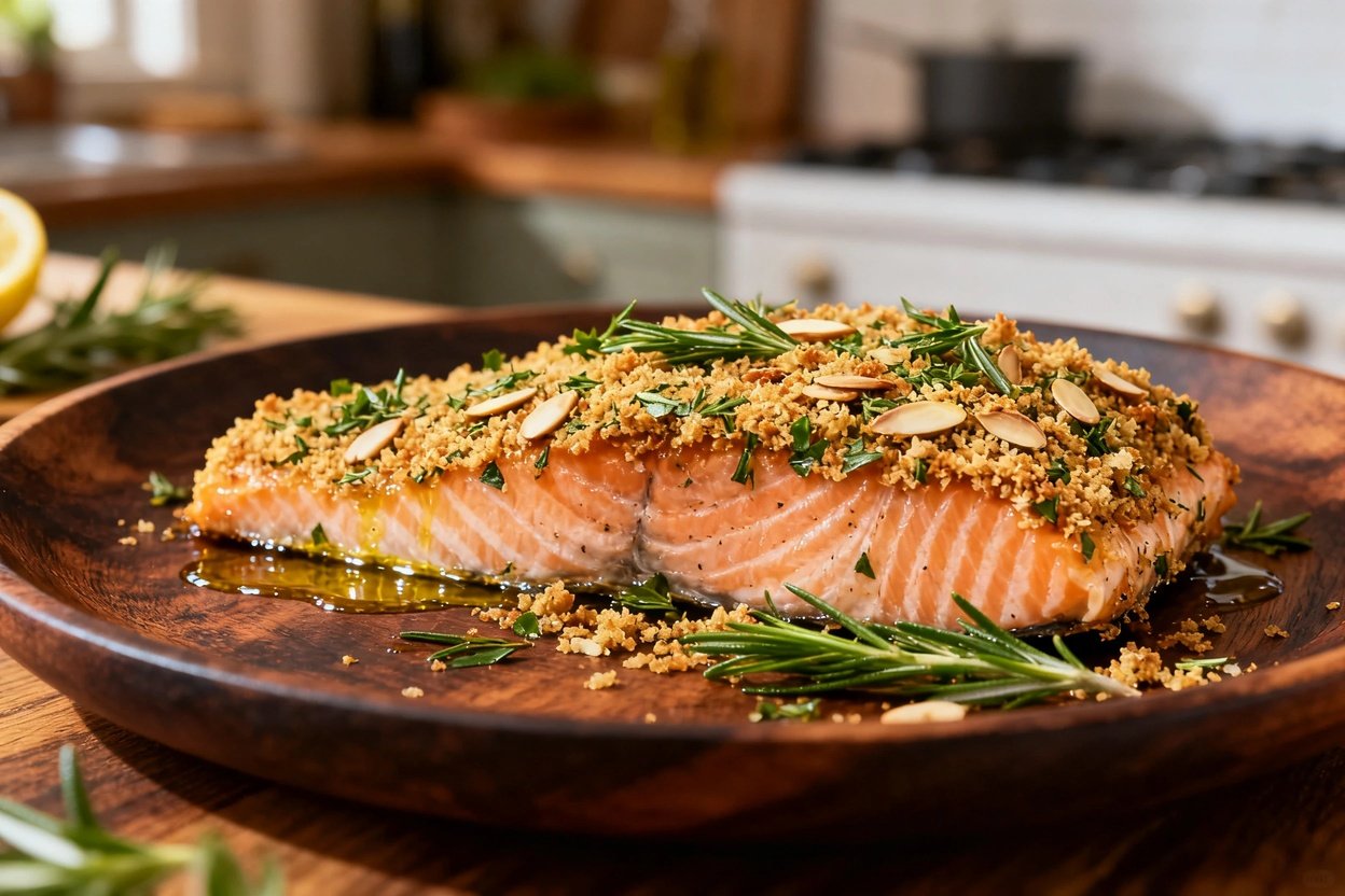 Lmon at an angle of approximately 30-45 degrees highlights the crispy, herb-infused almond meal crus