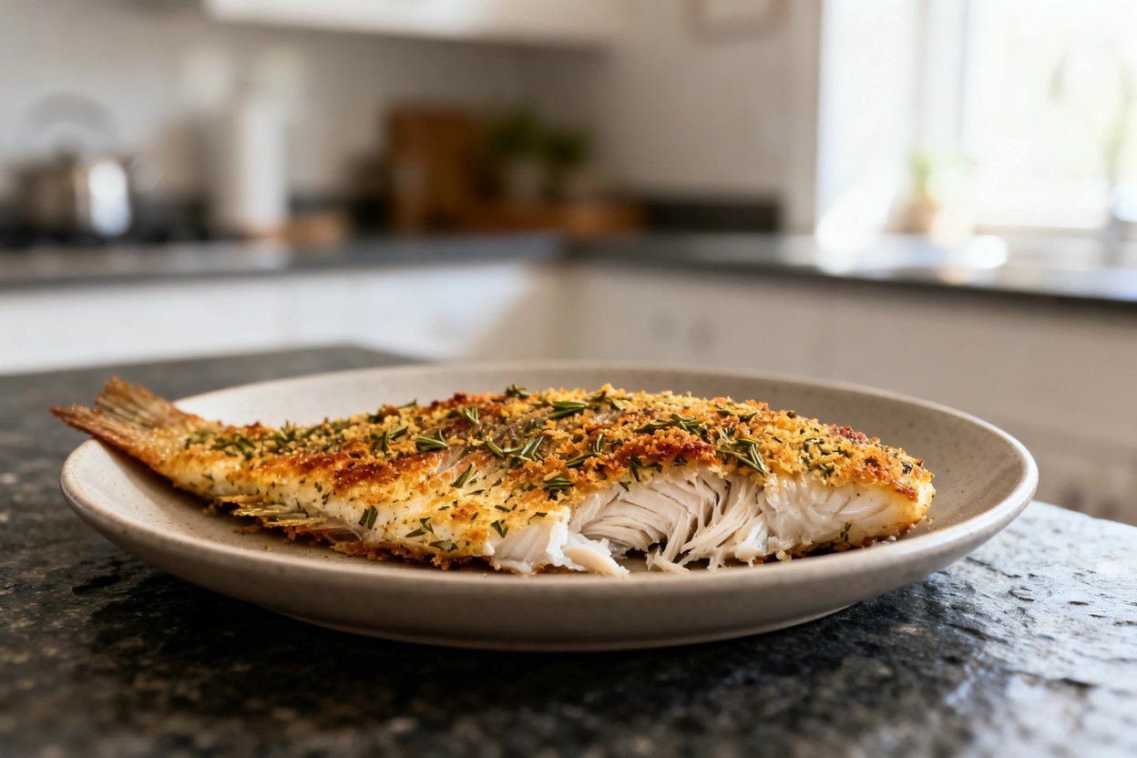 ve showing the same herb-crusted tilapia fillet from Image 1, nestled in a neutral serving vessel im