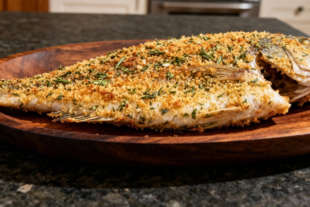 of the herb-crusted tilapia fillet, emphasizing the texture of the crispy breadcrumb and herb coati