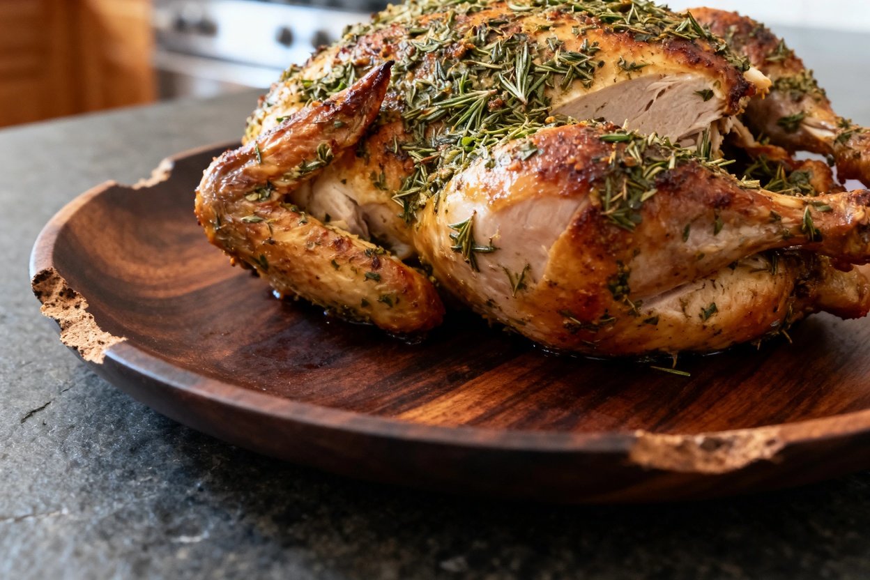 gree angled photograph focused on the detailed texture of the herb-roasted chicken. The serving on a