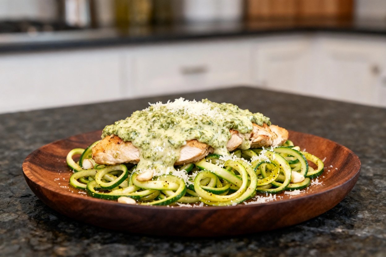 camera perspective, approximately 30–40 degrees, showcasing the same satisfying plate of Keto Zucch