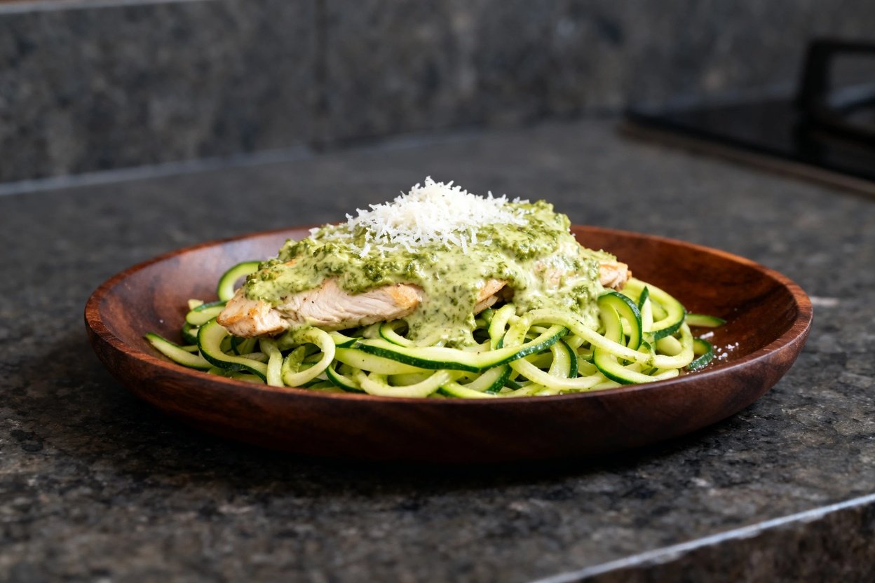 , approximately 30–45 degrees, highlighting the texture and savory appeal of the Keto Zucchini Noodl