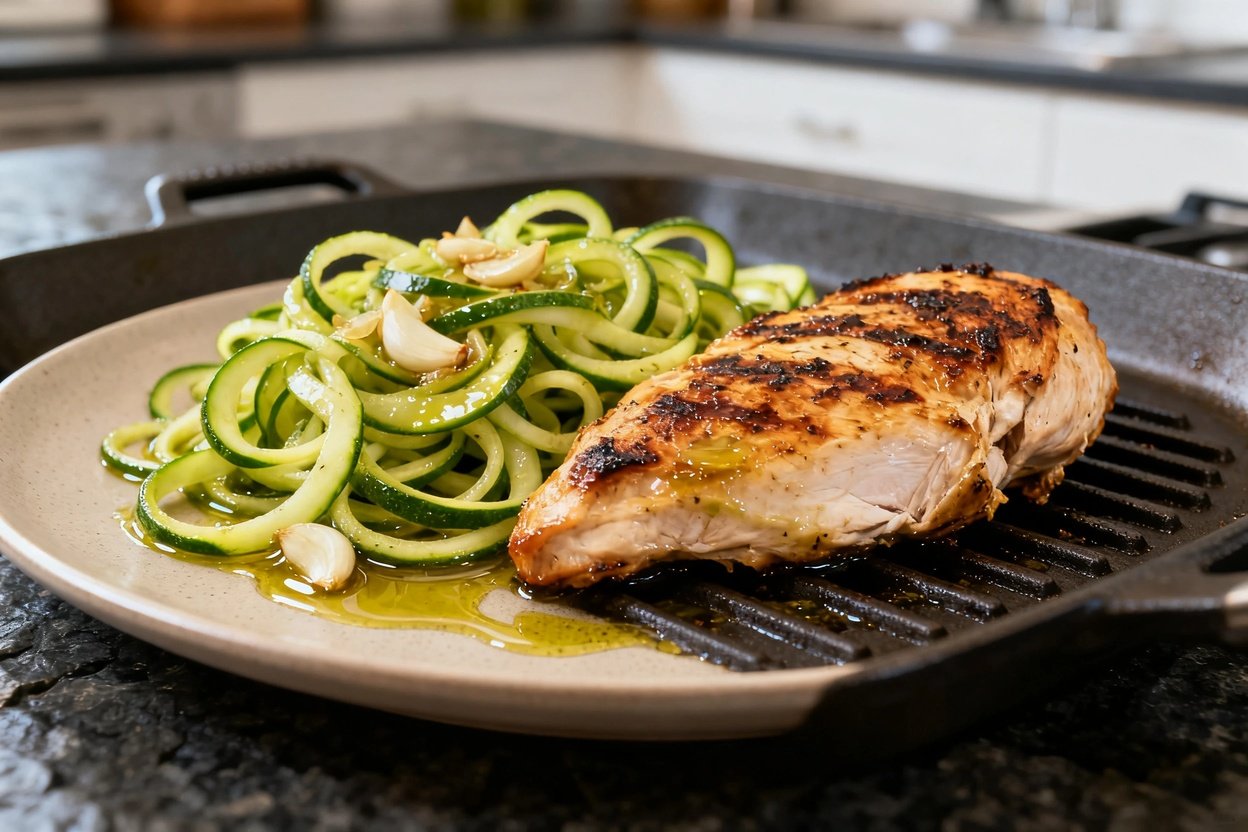 Perspective of the same grilled chicken and zucchini noodles portion. Presented either on the final cooking surface or serving plate.