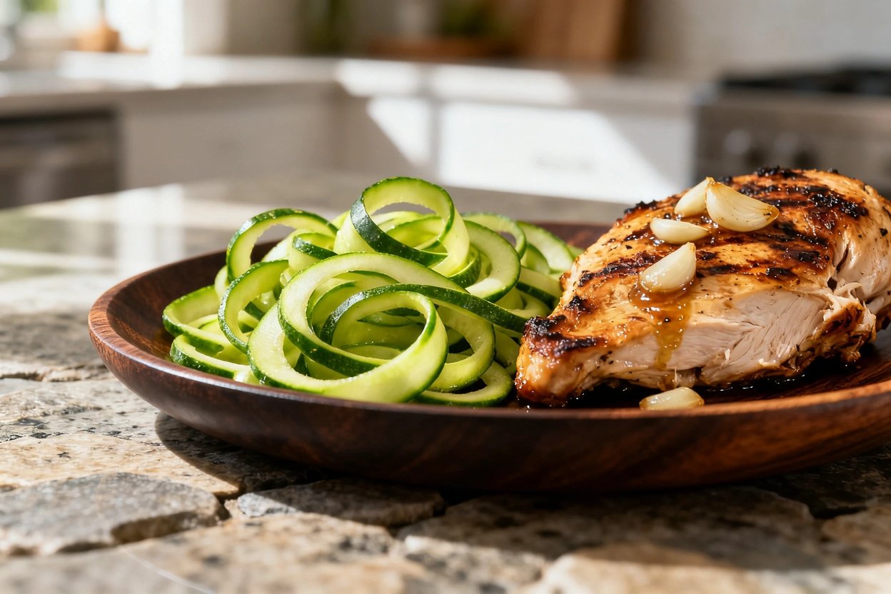 Grilled chicken and zucchini noodles plated on dark wood dishware. Chicken is juicy and well-seasoned.