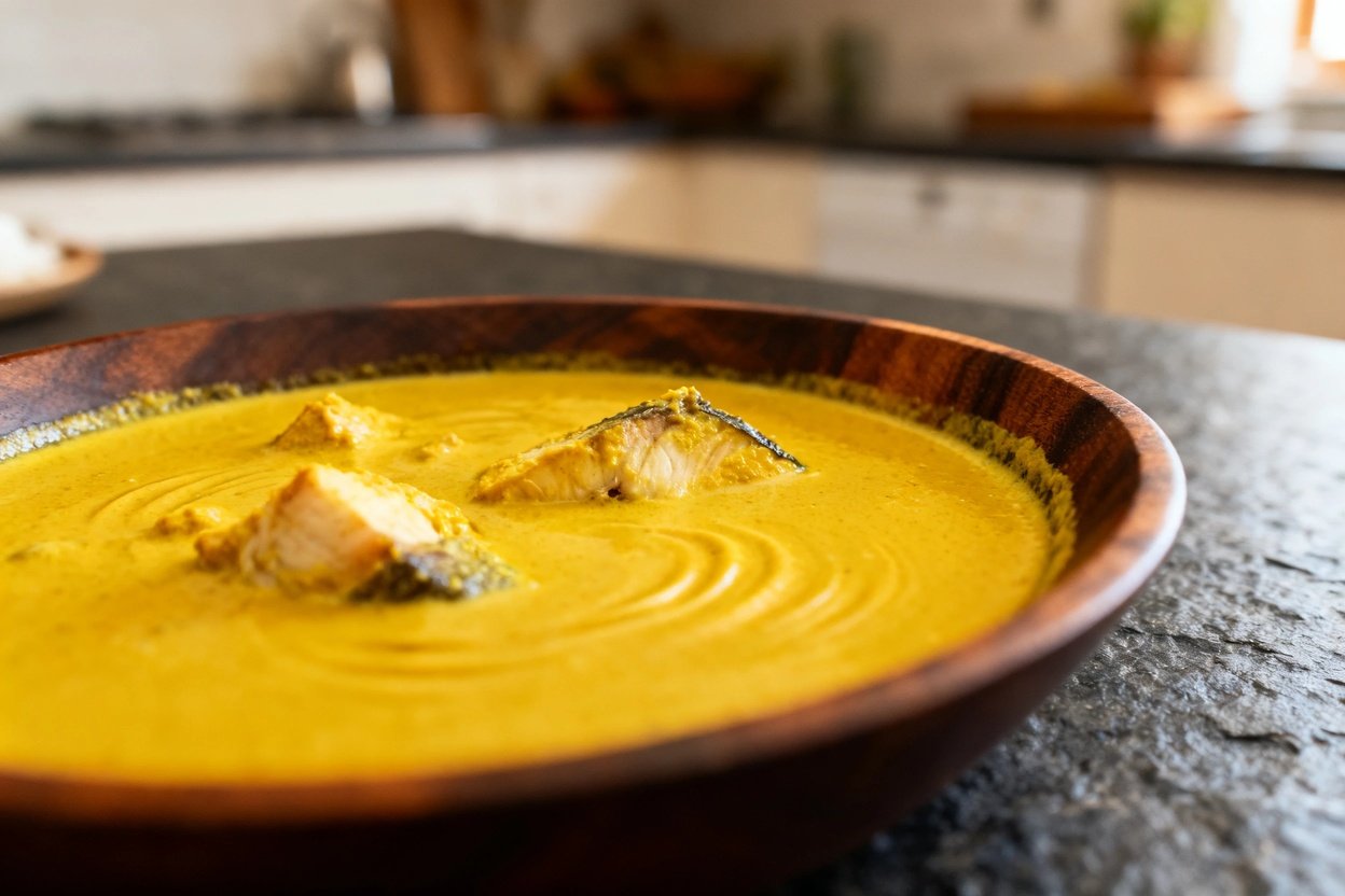 ion seen at a 30–40 degree angle, focusing on the deliciously creamy texture and tender fish. This c