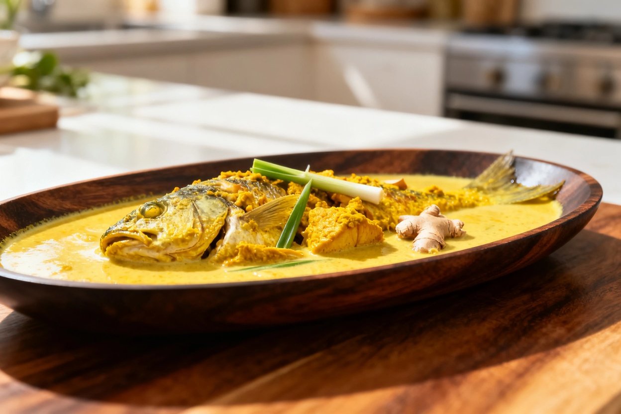 meric fish curry, taken at approximately 30–45 degrees, showcasing the luscious texture and details 