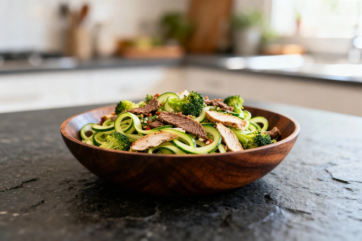 ucchini noodle stir-fry, showcasing spiralized zucchini, thinly sliced grass-fed beef or chicken, br