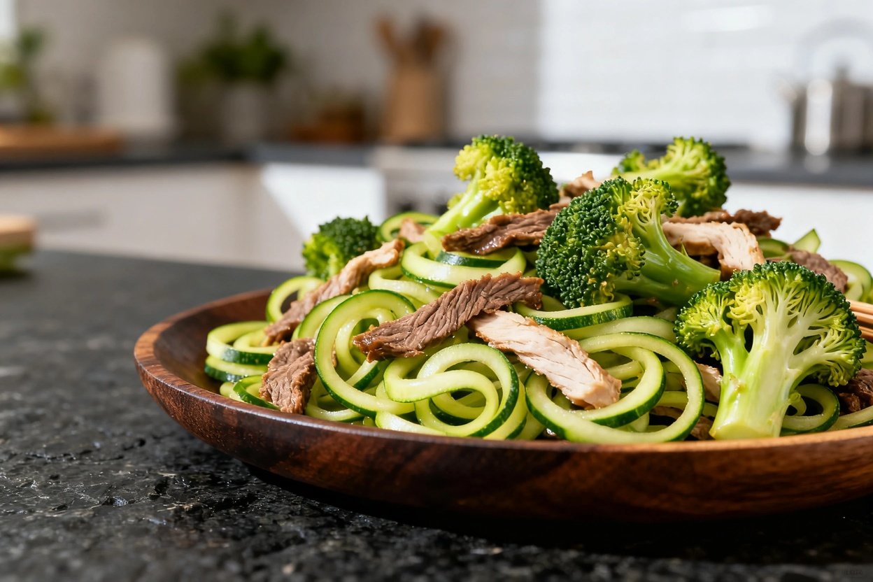 ro shot (30-45 degrees) of the vibrant zucchini noodle stir-fry, with textures of the spiralized zuc