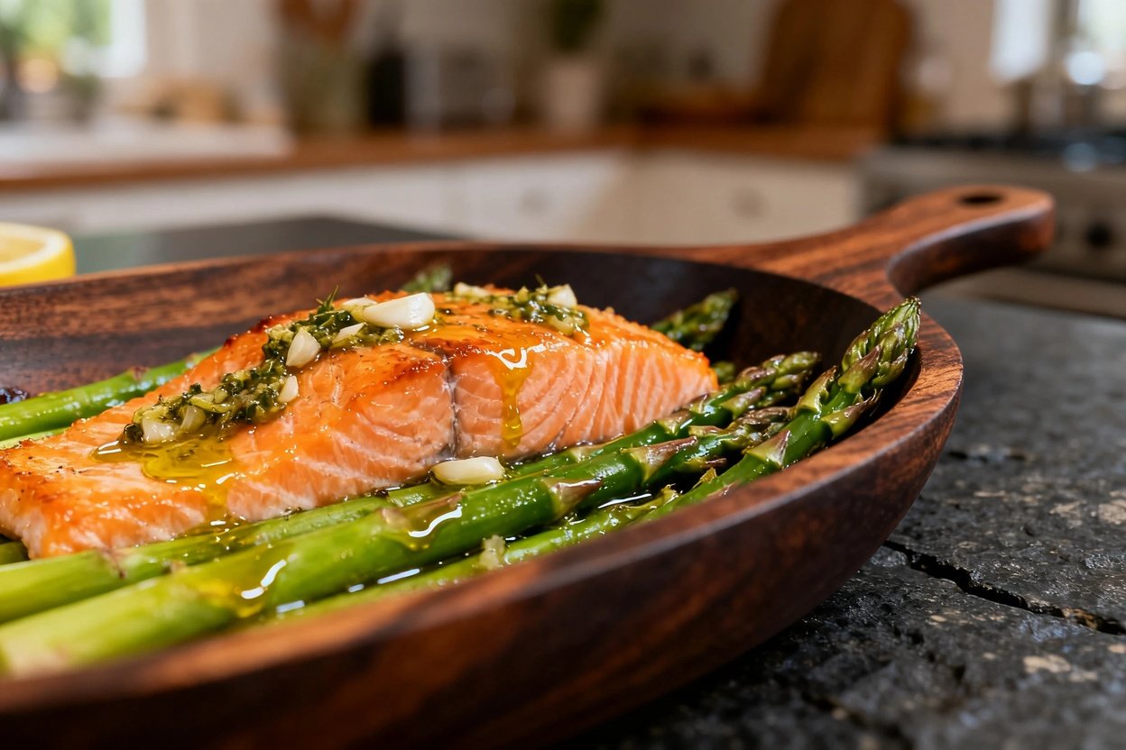 y 30-40 degrees, showcasing the same portion of baked salmon with asparagus. The dish is presented i