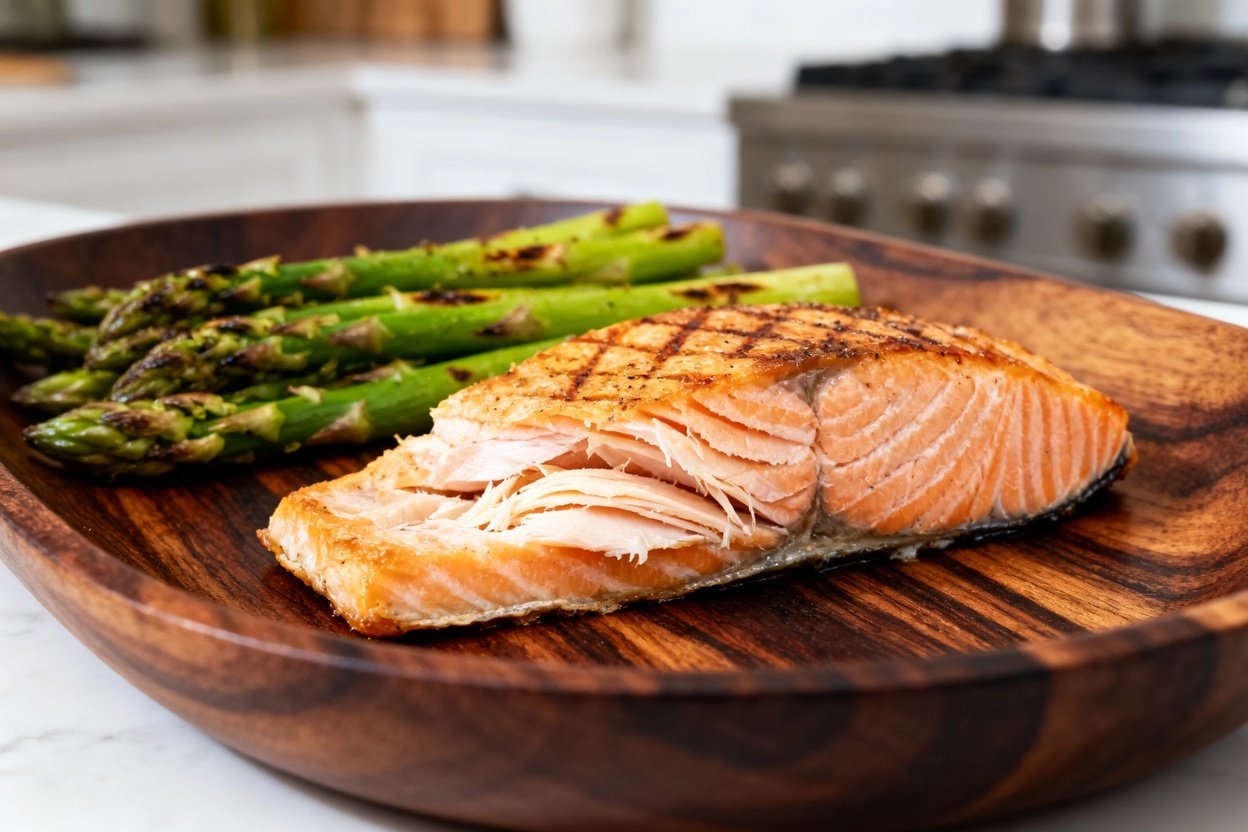 tely 30-45 degrees, focusing on the texture of the baked salmon and asparagus. Plated on a dark wood