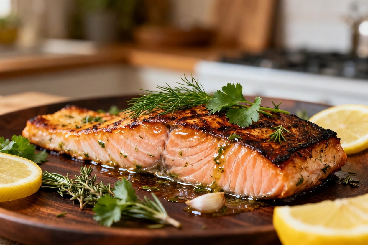 fillet captured at an angle of approximately 30-45 degrees, focusing on the texture and moist flesh.
