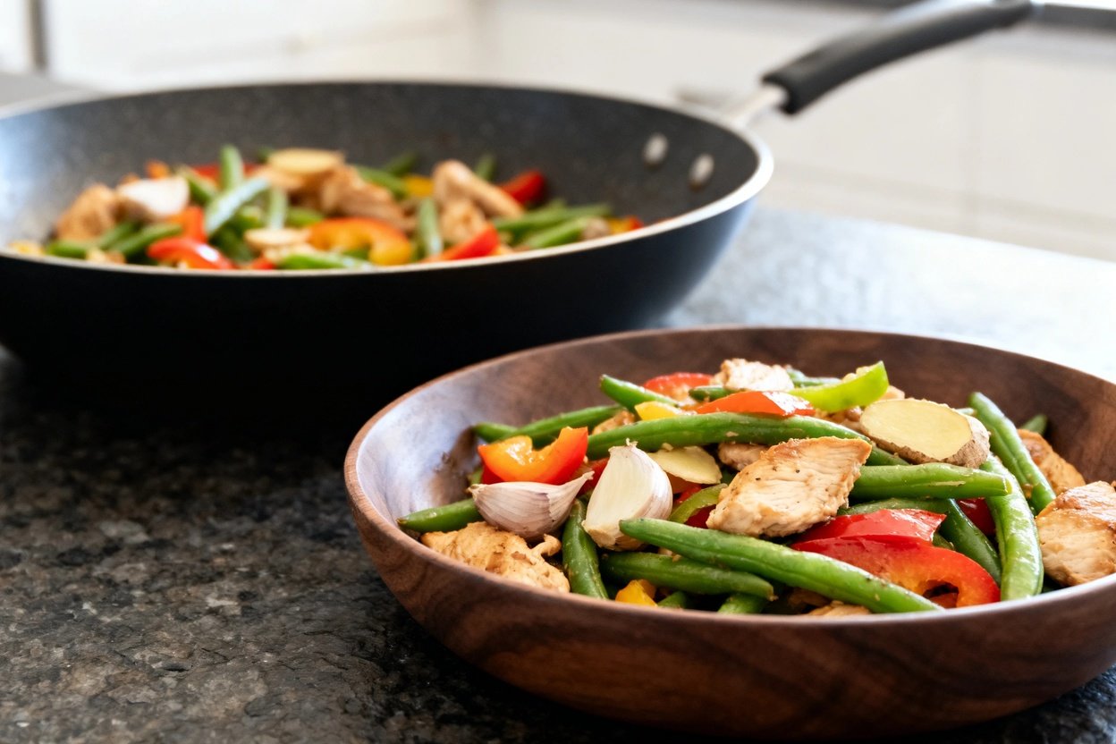 t 30-40 degrees, showcasing the same portion of diabetes-friendly chicken stir-fry, with ingredients