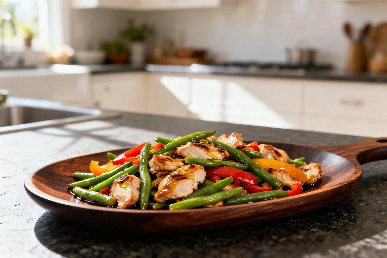 mately 30-45 degrees, emphasizing the textures of the diabetes-friendly chicken stir-fry. It shows t