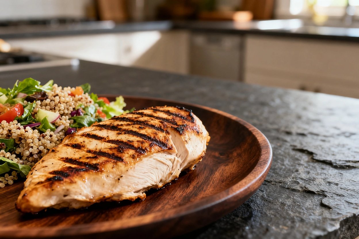 ew of the grilled chicken breast with quinoa salad. The chicken is characterized by its grill marks