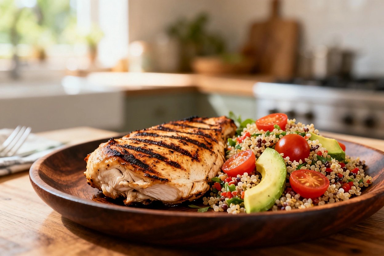 using on the texture of the grilled chicken and the colorful quinoa salad. The shot emphasizes the d