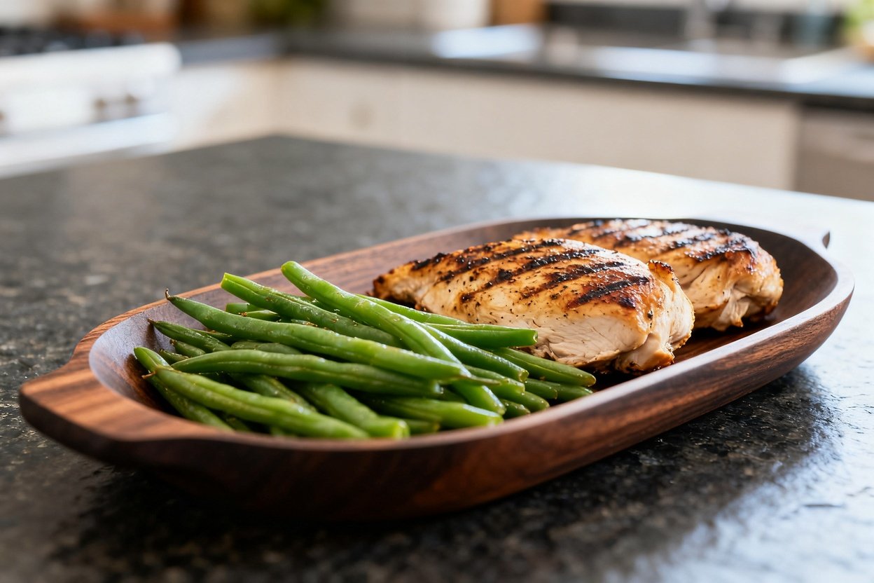 pective showing the same portion of grilled chicken breast and steamed green beans, maintaining thei
