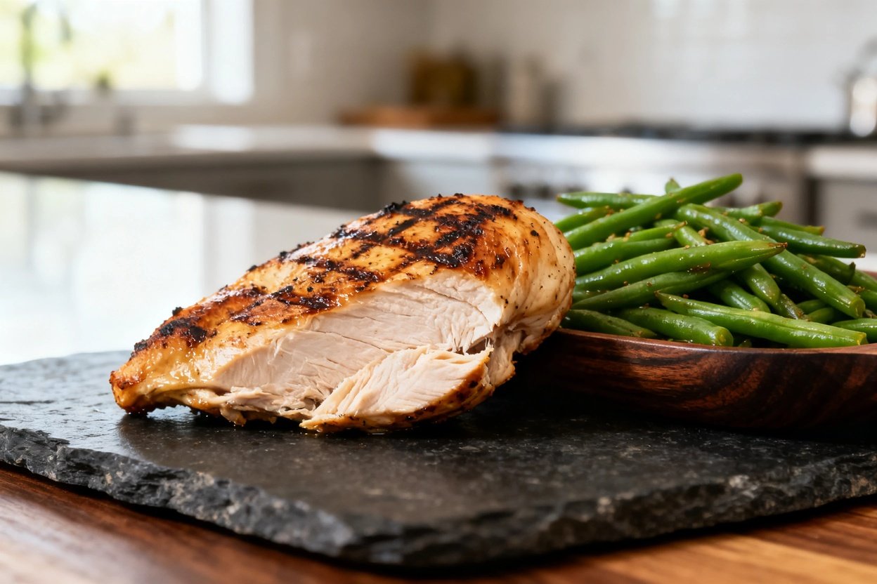 s focuses on the juicy, grilled texture of the chicken breast, emphasizing its tender and succulent