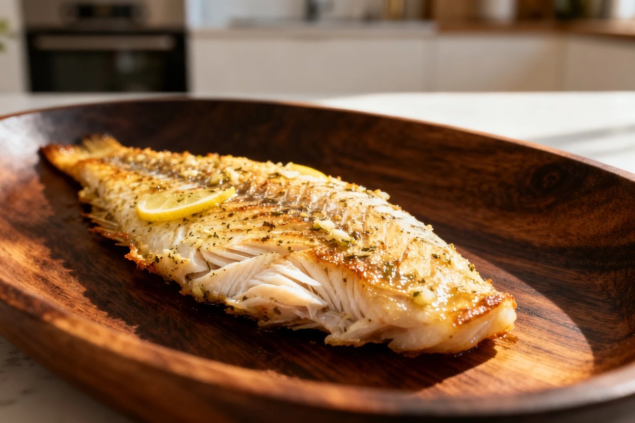 0–45 degrees focuses on the textures of the finished baked tilapia fillet, emphasizing its flaky tex