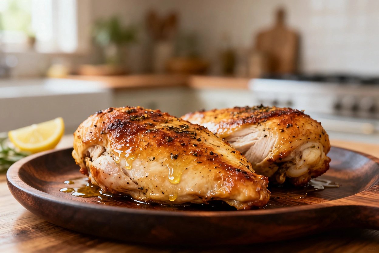 45 degrees, focusing closely on the oven-roasted chicken breasts to emphasize texture. The chicken i
