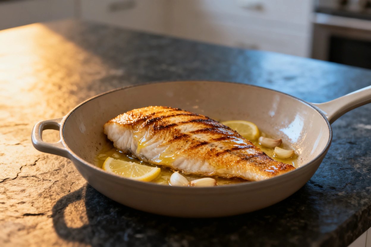 oked to perfection with lemon and garlic, is presented in a slightly angled view, approximately 30-4