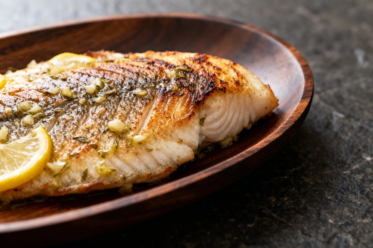 proximately 30-45 degrees, the sautéed tilapia fillet takes center stage on dark wood serving dishwa