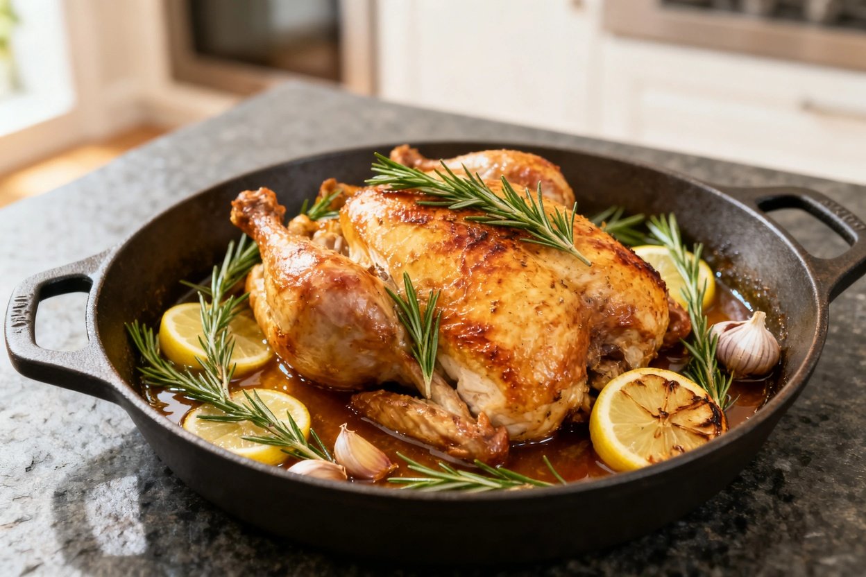 oasted chicken presented in the final cooking vessel on a dark stone countertop. Photographed at a s