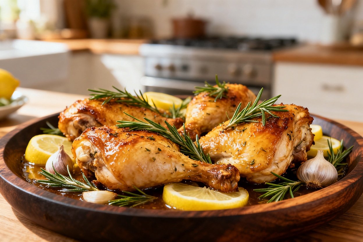 mon rosemary roasted chicken on a dark wood serving dish. The dish consists of juicy, golden-brown c