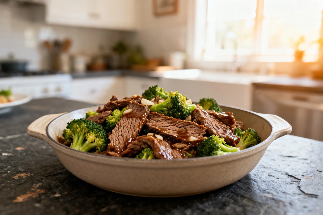 mage capturing the same beef and broccoli stir fry, placed in a neutral serving vessel used just bef