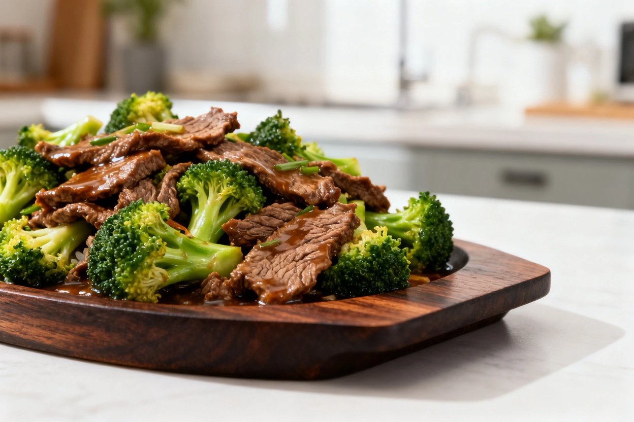 egrees angled hero shot of the beef and broccoli stir fry, focusing on the texture and lively colors