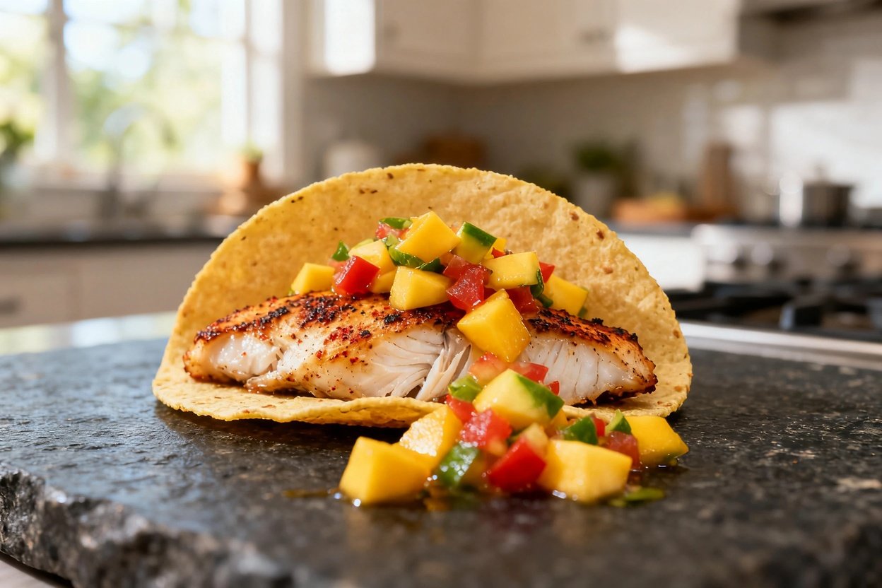 y 30–40 degrees, the camera captures the same broiled white fish taco with its flaky, chili-seasoned