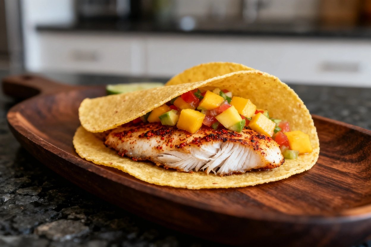  angle emphasizes the tempting textures of the broiled white fish taco. The chili-seasoned fish's fl