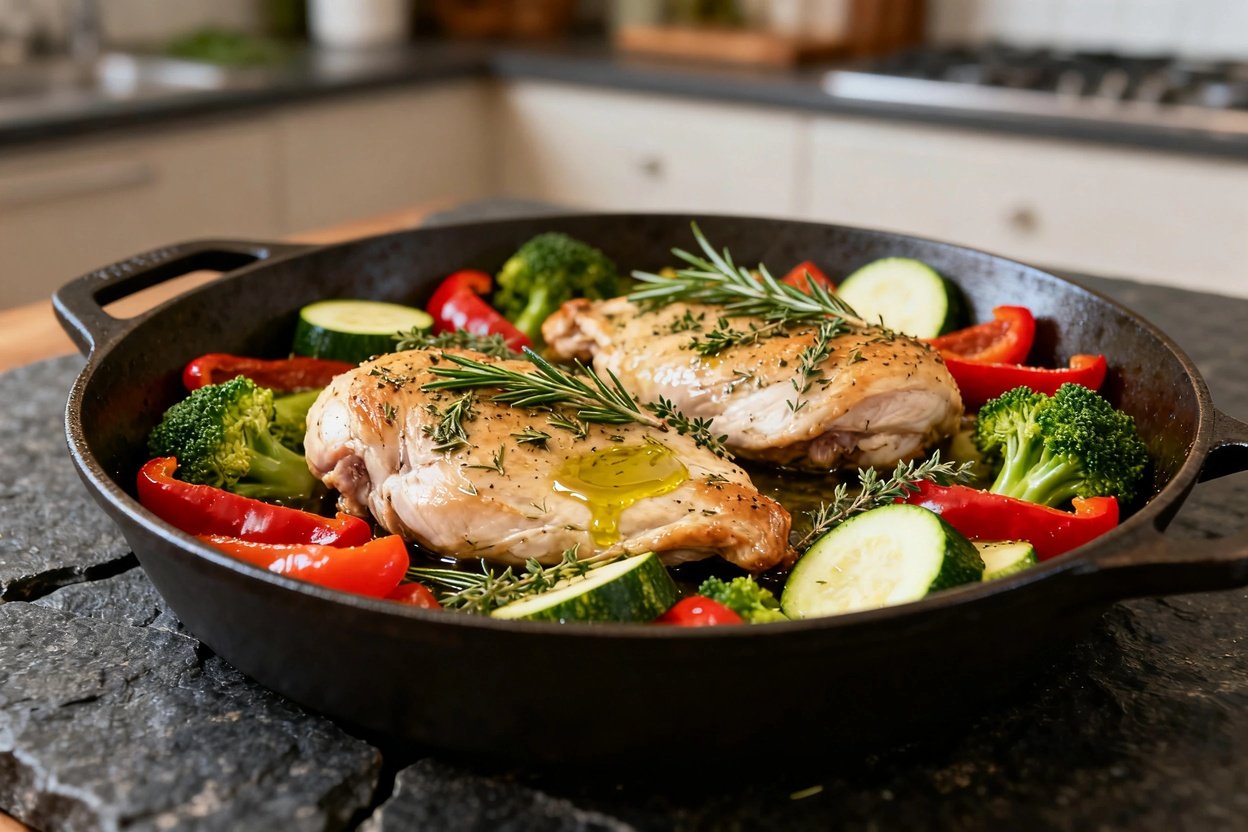 roximately 30–40 degrees, capturing the same portion of one-pan baked herb chicken with vegetables.