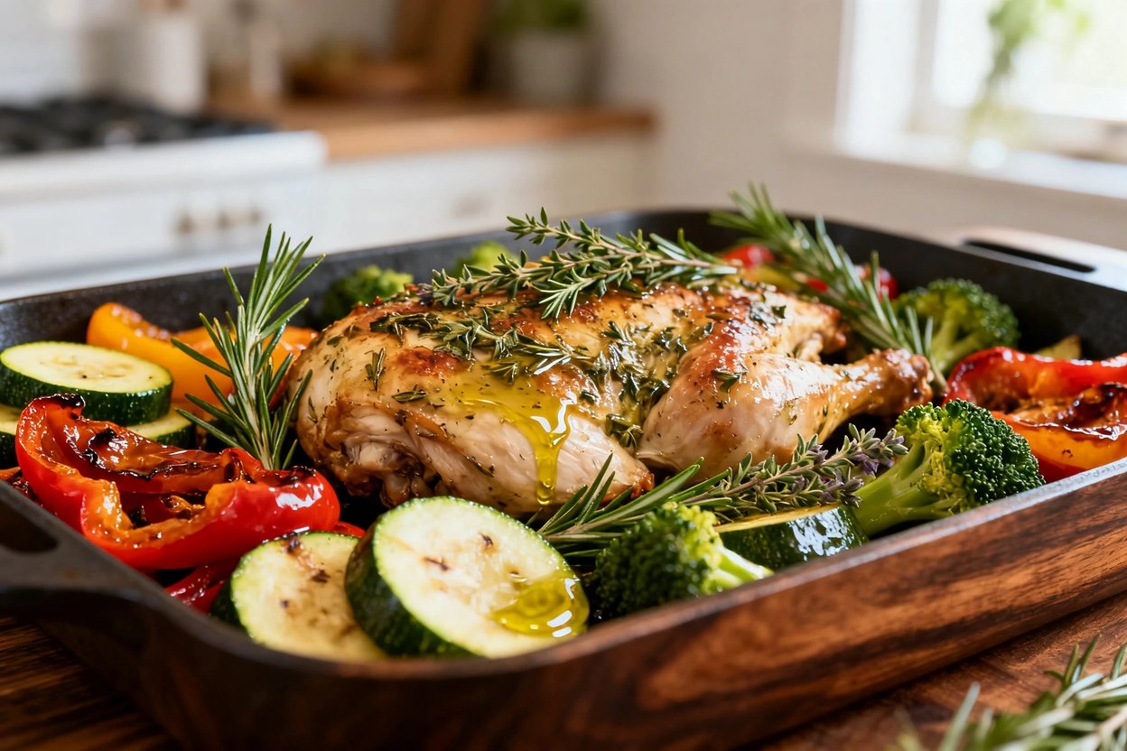 0–45 degrees, showing a close-up of the one-pan baked herb chicken with vegetables. The dish is plat
