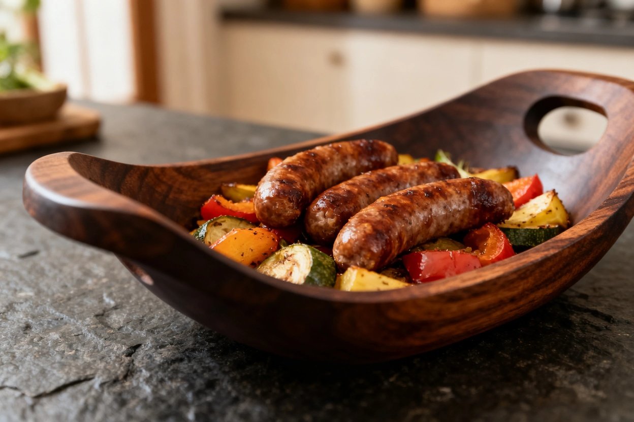 35 degrees, focuses on the same roasted sheet pan meal. The sausages and vegetables are displayed