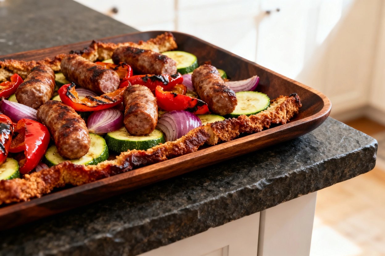 hts the array of textures in the roasted sheet pan meal. The image captures the crispy edges of the